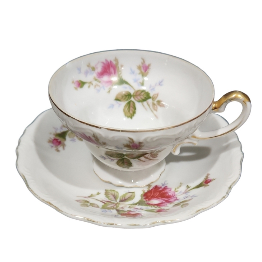 Floral White and Gold Teacup and Saucer Set